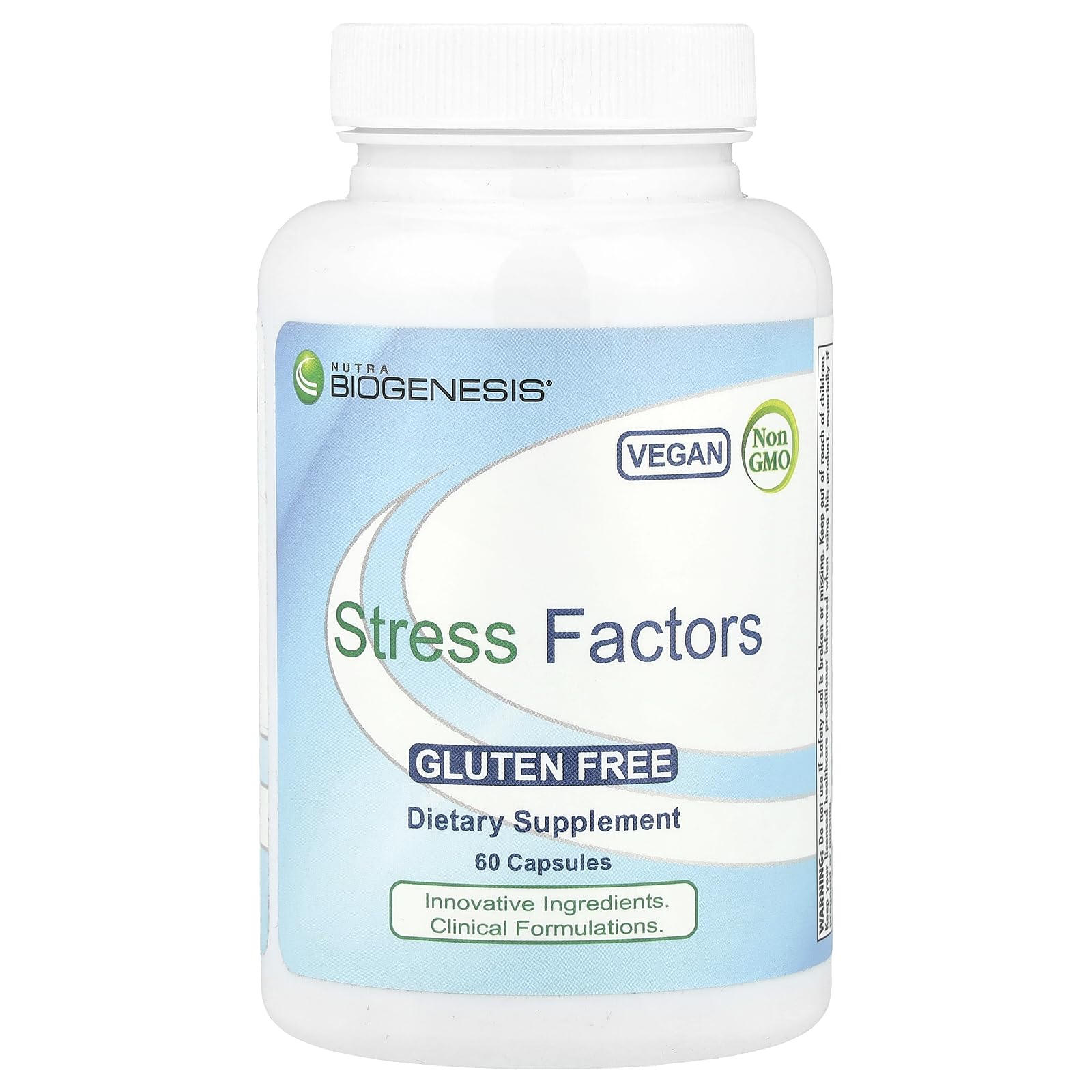 Nutra BioGenesis Stress Factors bottle shown for calm support during occasional stress.