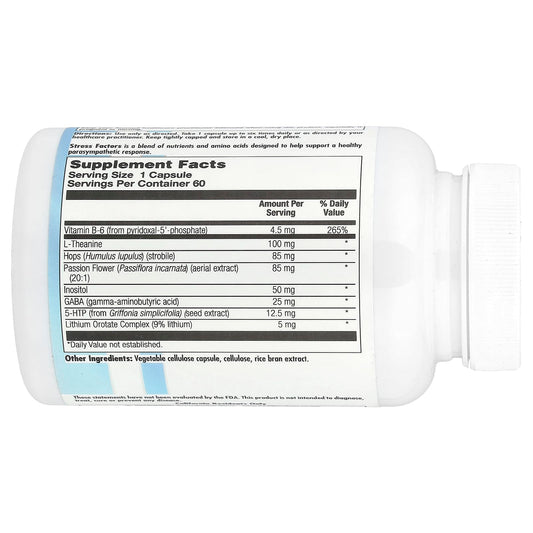 Nutra BioGenesis Stress Factors label highlights GABA and L-Theanine for relaxation support.