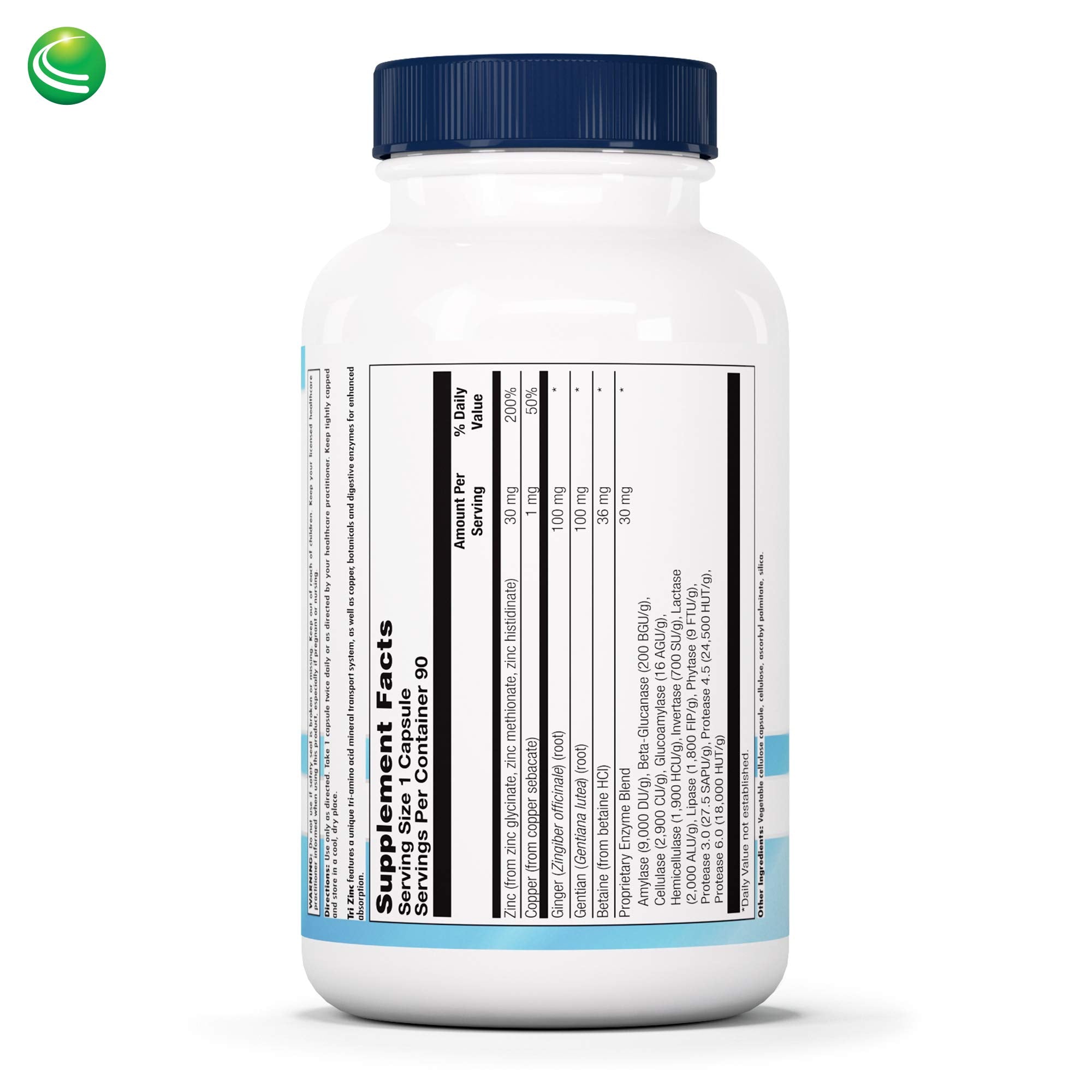 Close-up of Tri Zinc capsules emphasizing glycinate and histidinate chelates