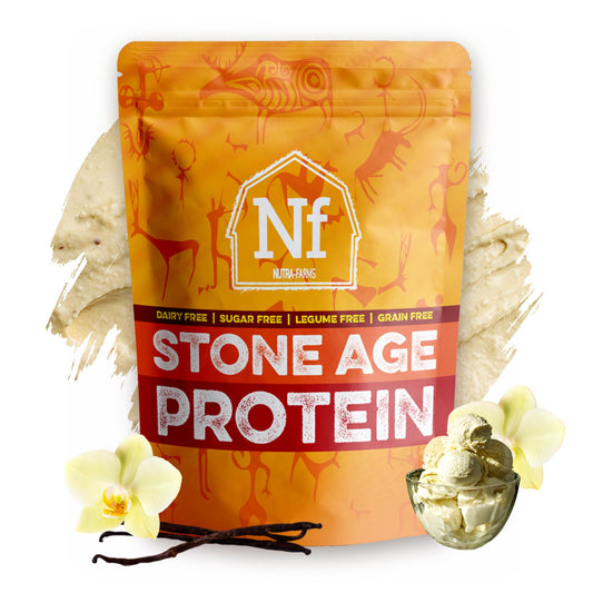 Nutra-Farms Stone Age Protein bottle pour demonstrates quick, clean post-workout fueling.