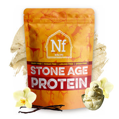Nutra-Farms Stone Age Protein bottle pour demonstrates quick, clean post-workout fueling.