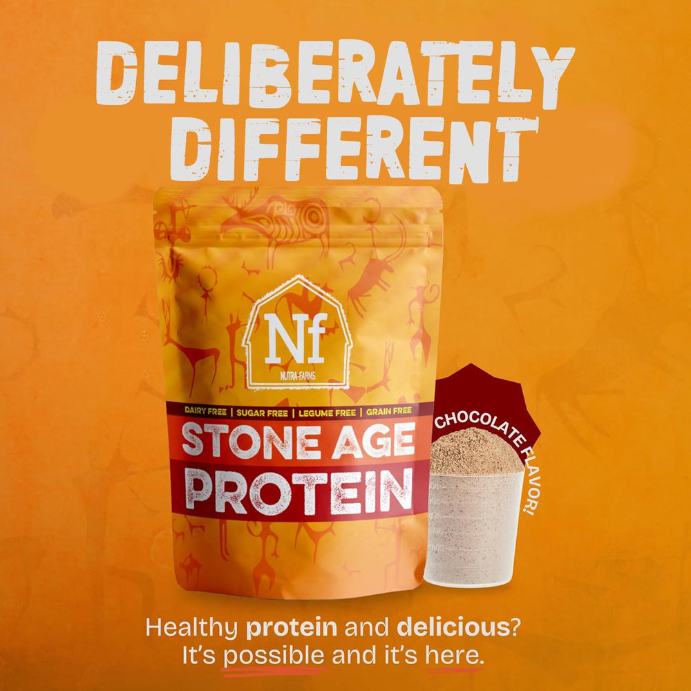 Nutra-Farms Stone Age Protein powder scoop highlights easy mix into a shaker.