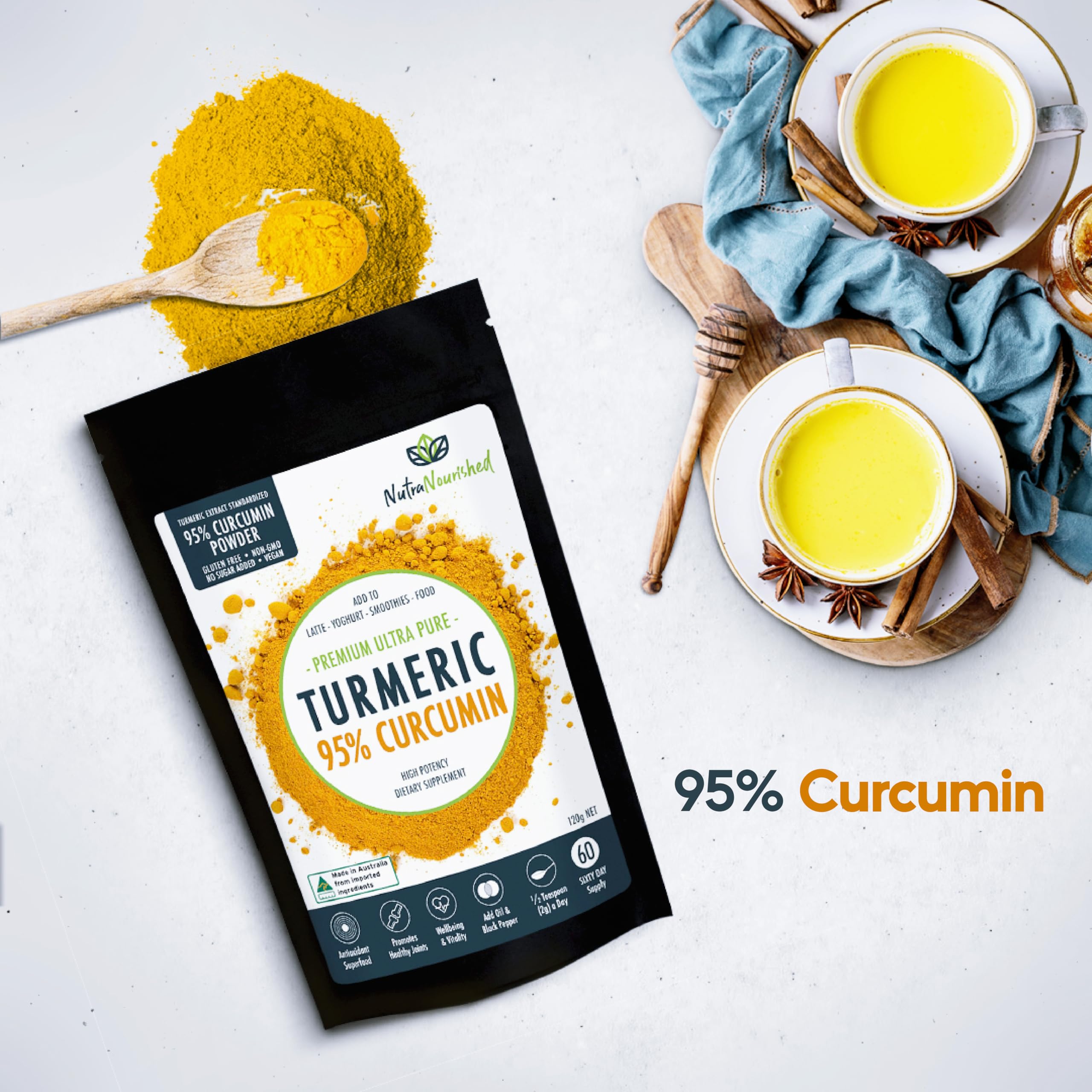 Nutra Nourished turmeric packaging label highlighting non-GMO vegan gluten-free.