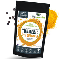 Nutra Nourished turmeric powder in a bowl with cocoa aroma; ideal for easy daily blends.