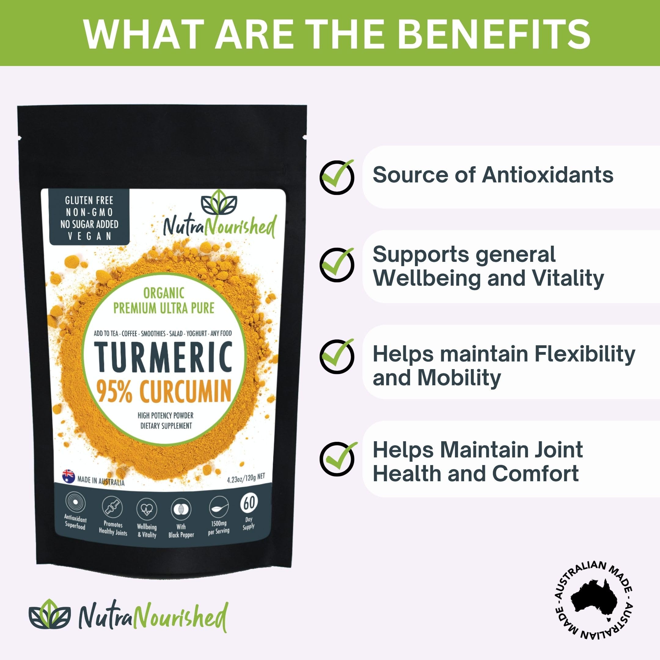 Nutra Nourished turmeric bottle; convenient daily wellness addition.