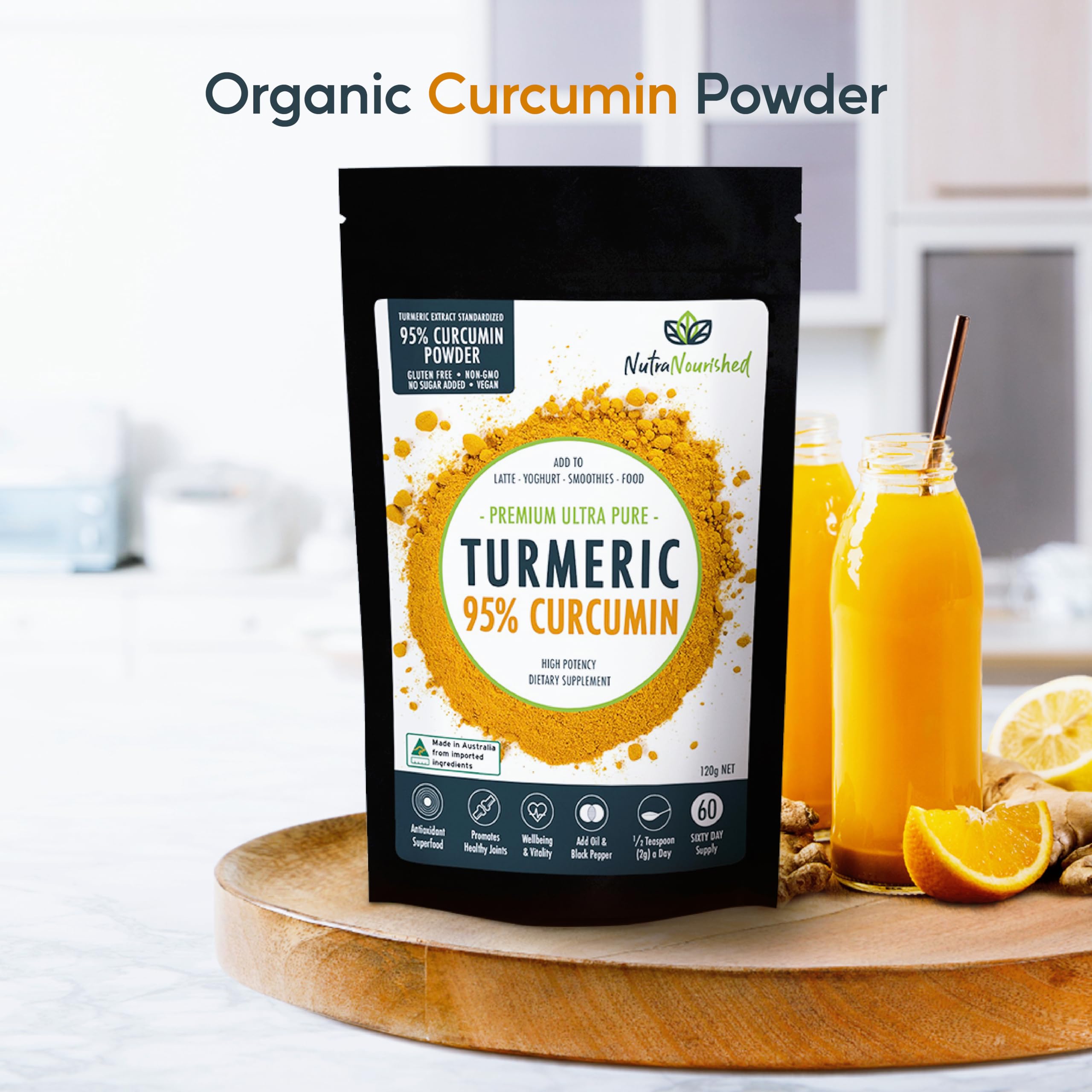 Nutra Nourished turmeric powder mixed into a smoothie or yogurt.