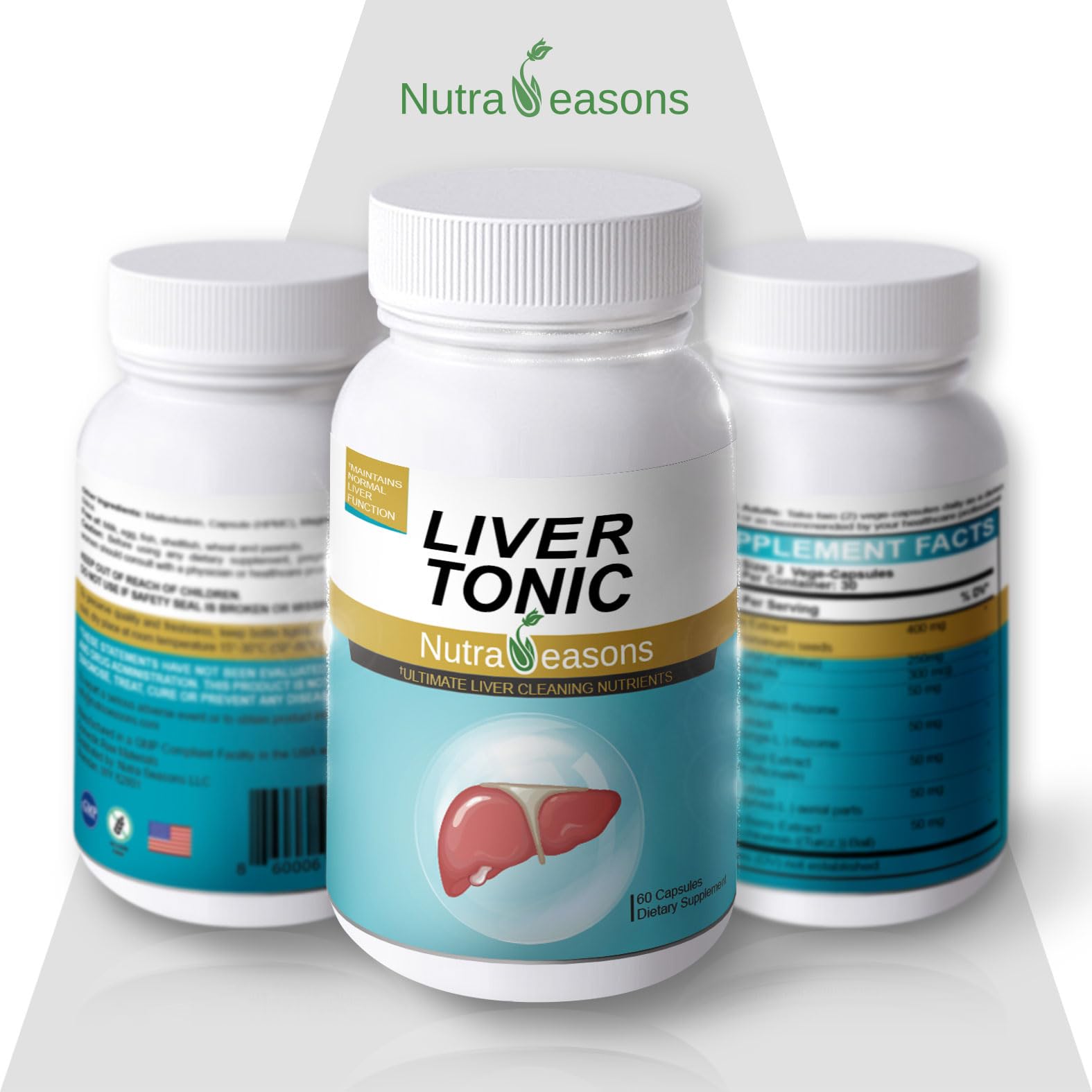 Nutra Seasons Liver Tonic capsules close-up highlighting vegetarian-friendly daily support.