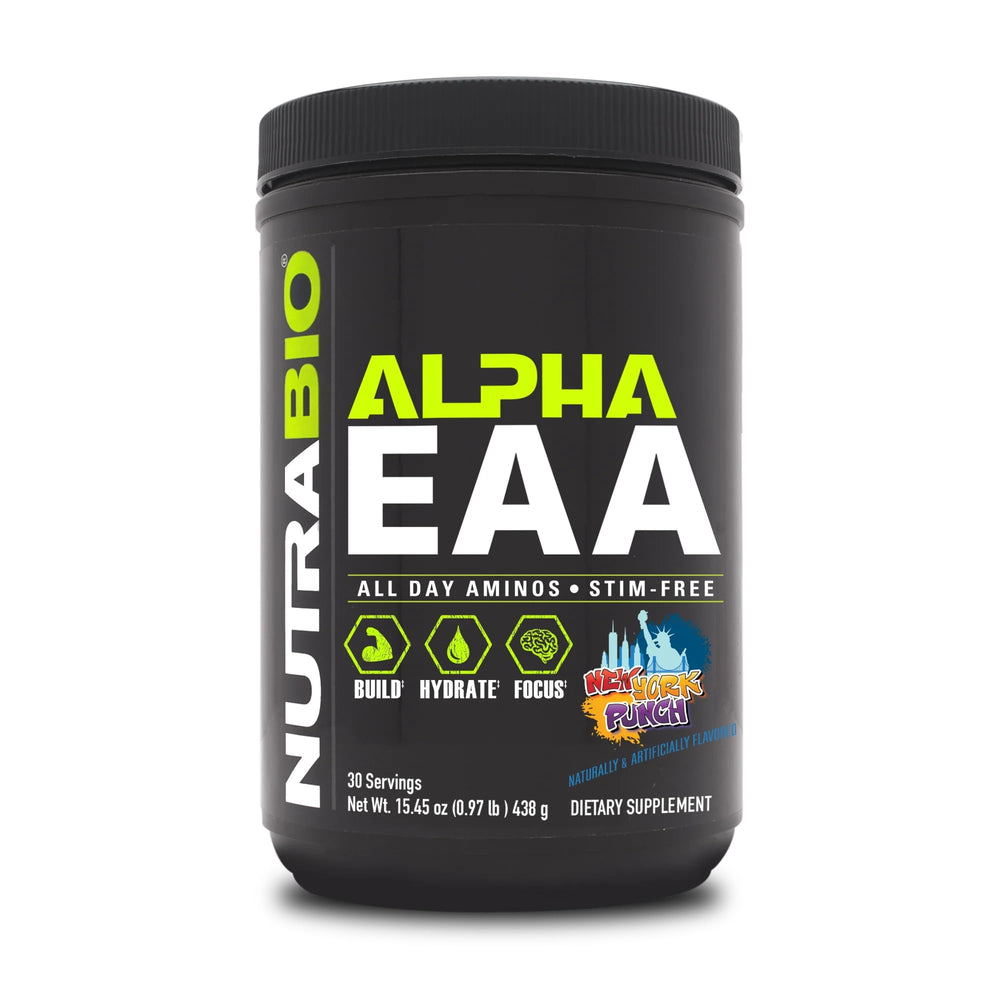 NutraBio Alpha EAA bottle front showing the full spectrum amino blend for daily recovery