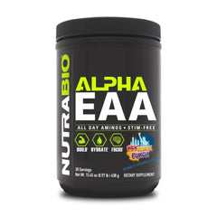 NutraBio Alpha EAA bottle front showing the full spectrum amino blend for daily recovery