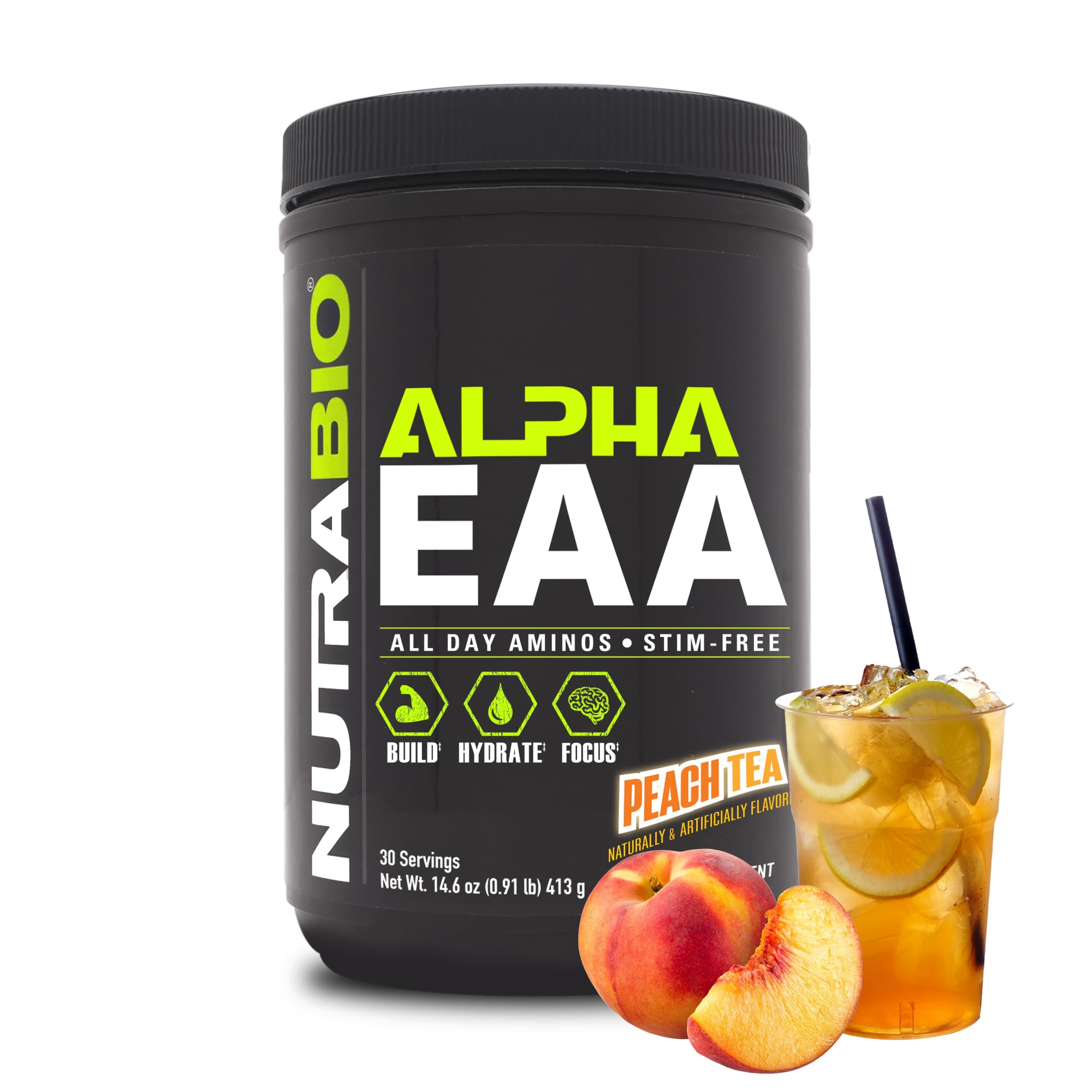 NutraBio Alpha EAA Peach Tea bottle pours, highlighting full-spectrum amino acids for recovery