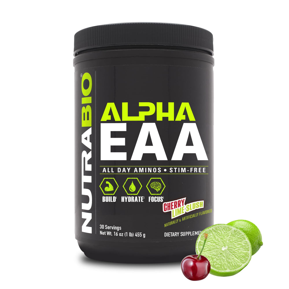 NutraBio Alpha EAA Cherry Lime Slush bottle supports all-day hydration and recovery