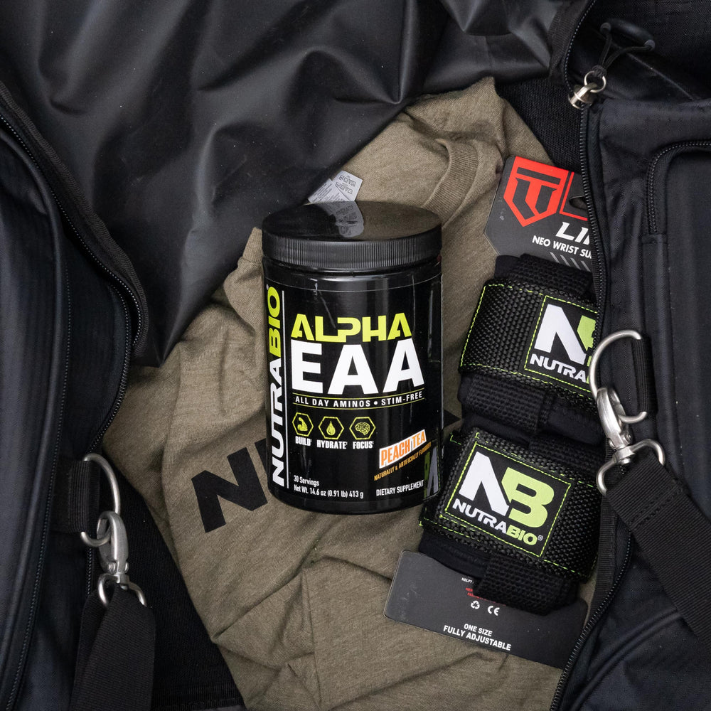 NutraBio Alpha EAA glass of mixed Peach Tea ready, suggesting hydration and endurance potential