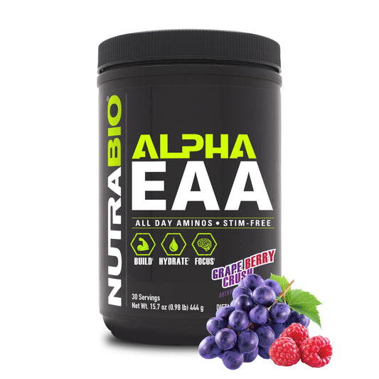 NutraBio Alpha EAA grape-berry-crush bottle highlighting flavor for all-day amino hydration