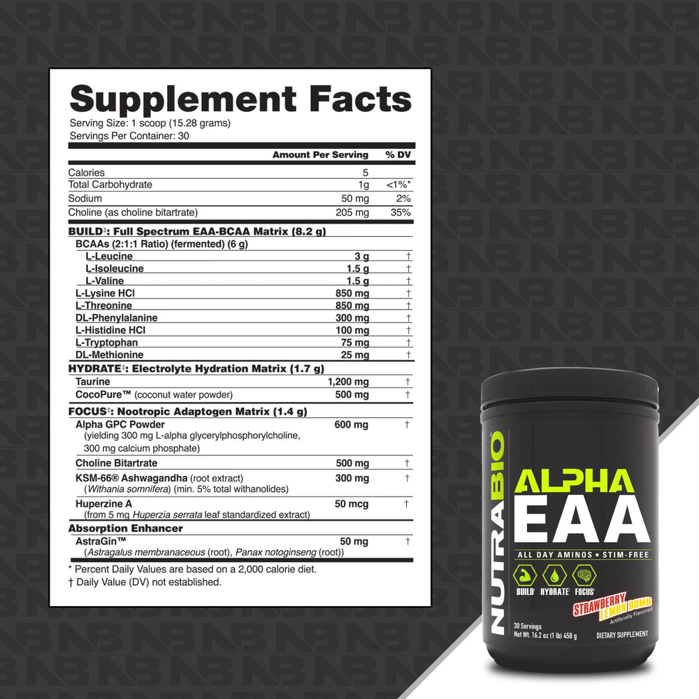 NutraBio Alpha EAA powder dissolving in water demonstrates hydration-friendly formula.