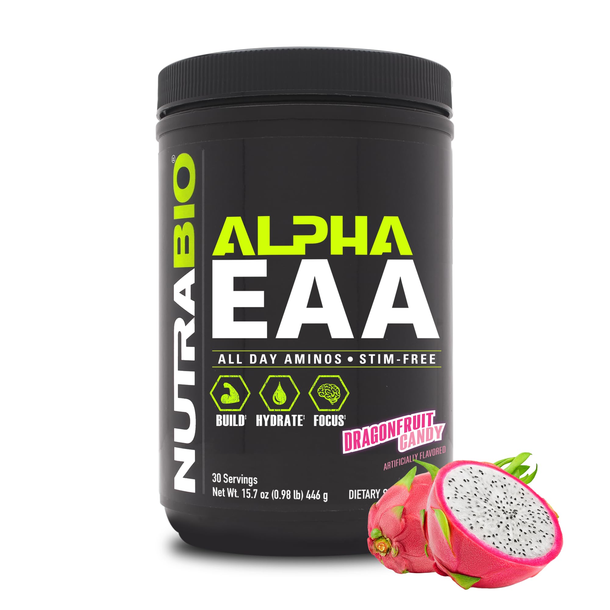 NutraBio Alpha EAA powder in a jar supports lean muscle growth and recovery.
