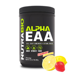 NutraBio Alpha EAA tub front label showing full spectrum amino acids for recovery support.