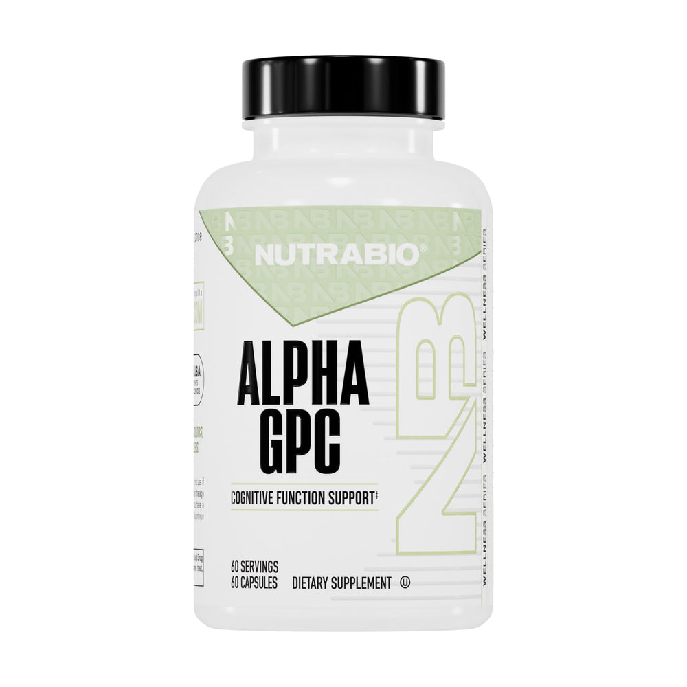 NutraBio Alpha GPC bottle on desk boosts mental focus and memory potential