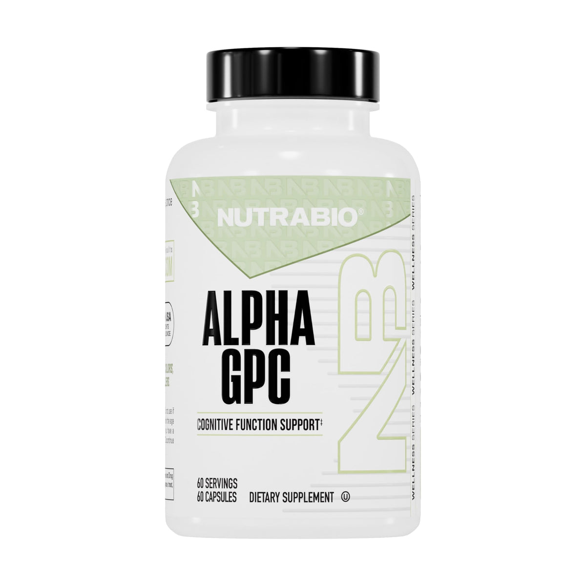 NutraBio Alpha GPC bottle on desk boosts mental focus and memory potential