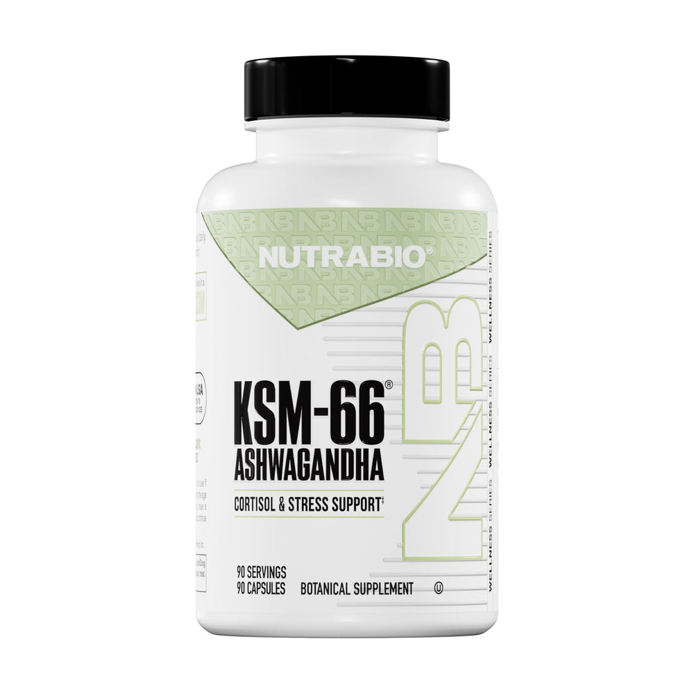 NutraBio Ashwagandha KSM-66 bottle front for daily balance.