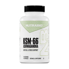 NutraBio Ashwagandha KSM-66 bottle front for daily balance.