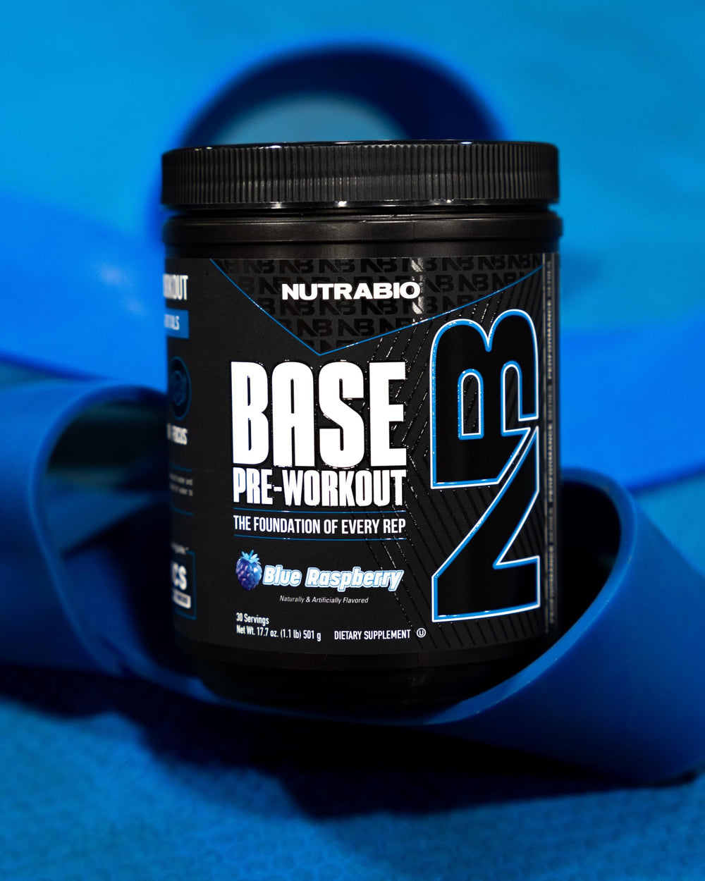 NutraBio Base Pre-Workout container label showing 30 servings