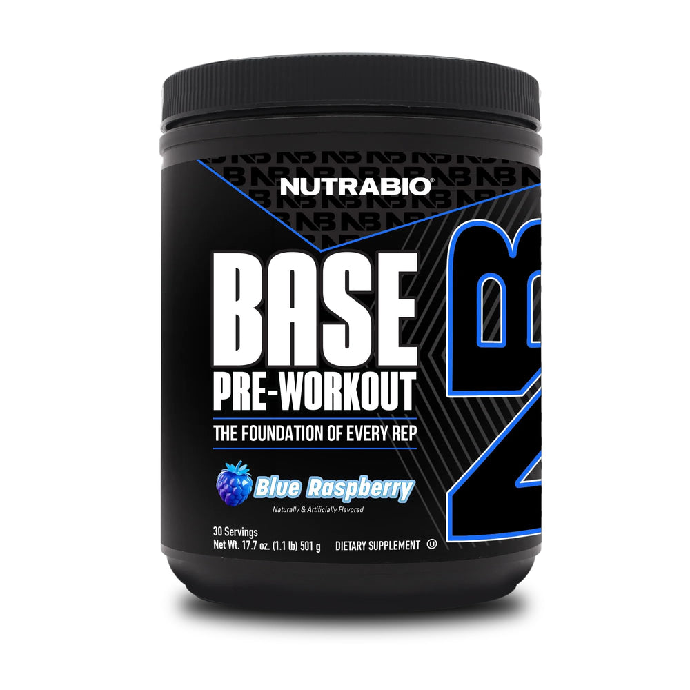NutraBio Base Pre-Workout Blue Raspberry tub showing the sugar-free energy option