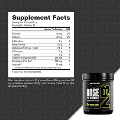 NutraBio Base Pre-Workout bottle side view highlighting sugar-free formula for clean energy