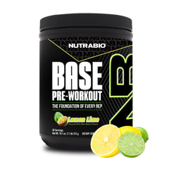 NutraBio Base Pre-Workout Lemon Lime bottle signaling sustained energy for training