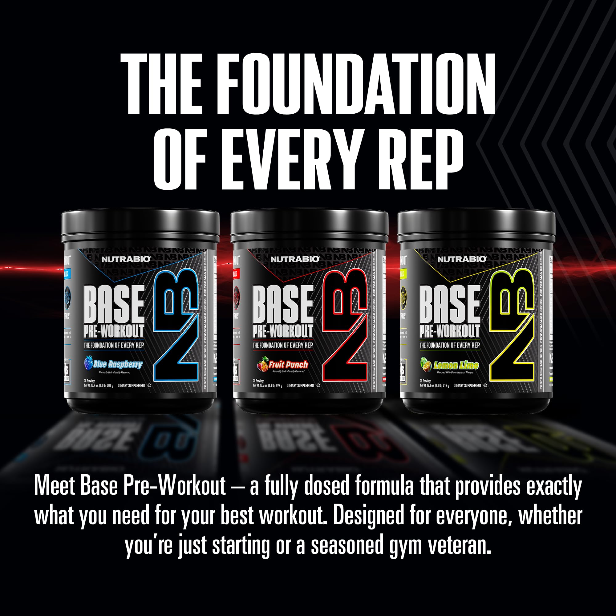 Closeup of NutraBio Base Pre-Workout packaging and label details