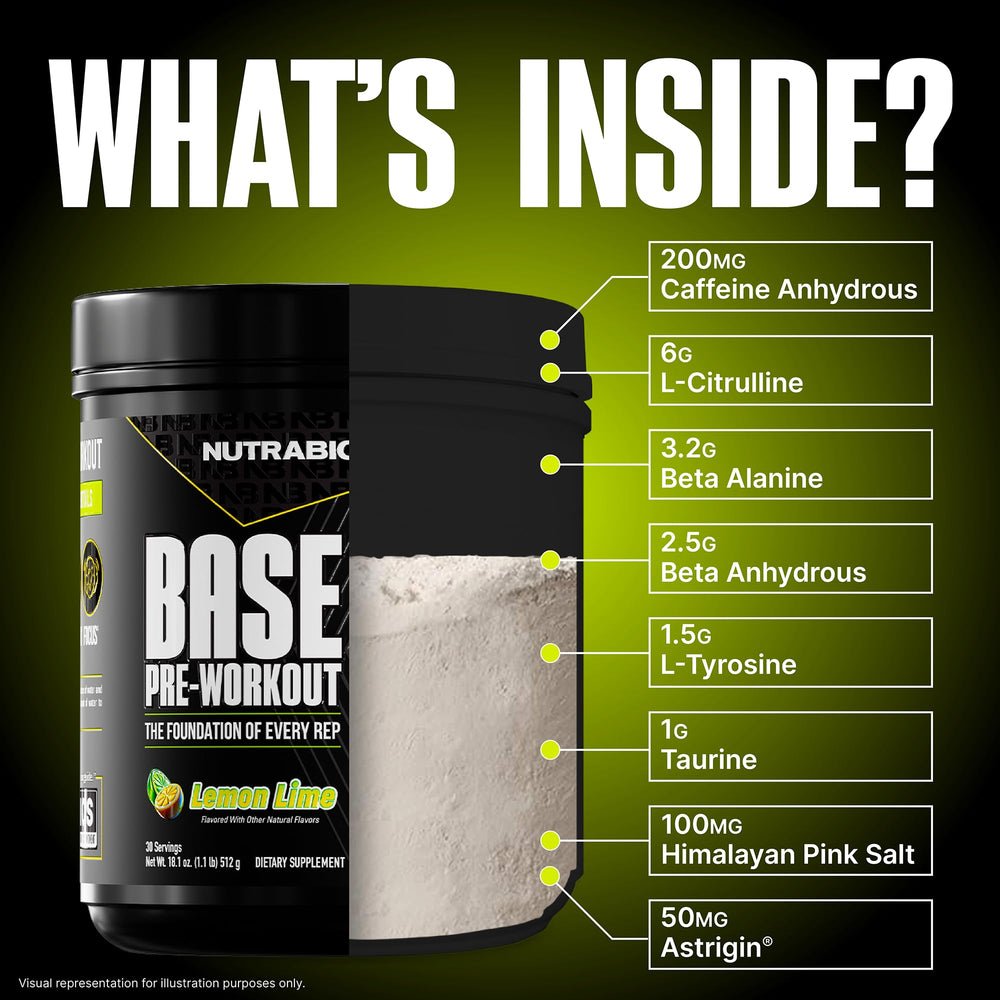 NutraBio Base Pre-Workout scoop closeup showing precise dosing for focus and endurance
