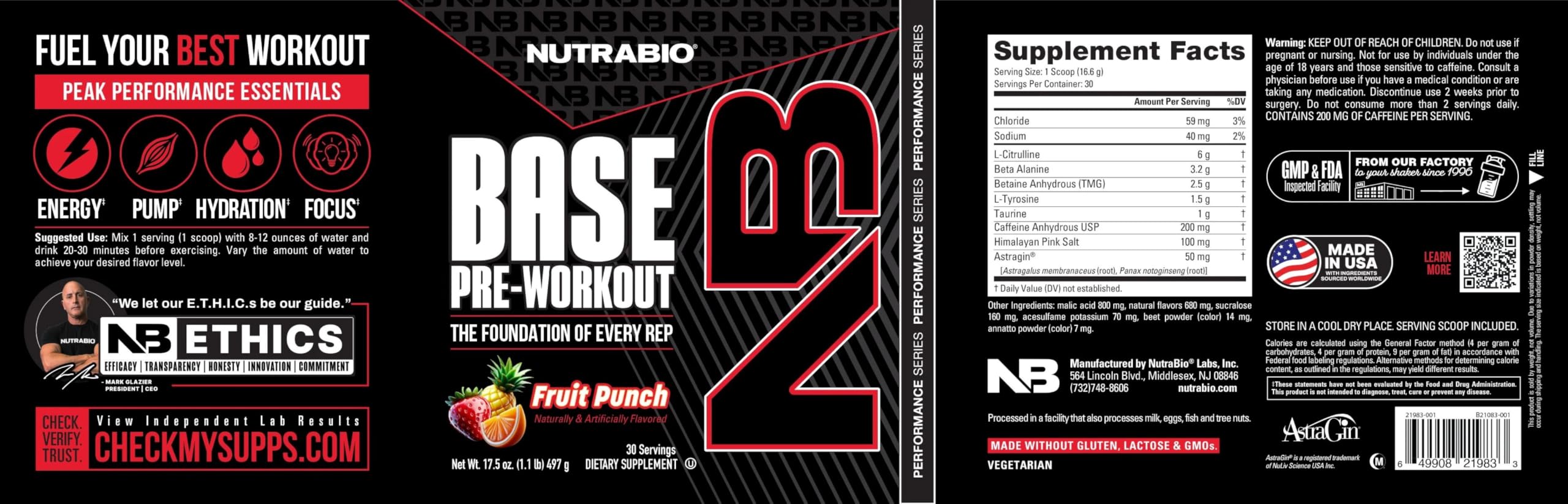 NutraBio Base Pre-Workout sugar-free formula ideal for clean fueling