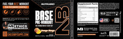 NutraBio Base Pre-Workout orange mango swirl suggests vibrant flavor and mixability.