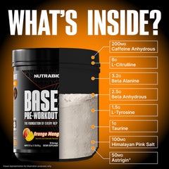 NutraBio Base Pre-Workout orange mango scoop beside jar demonstrates easy daily serving.
