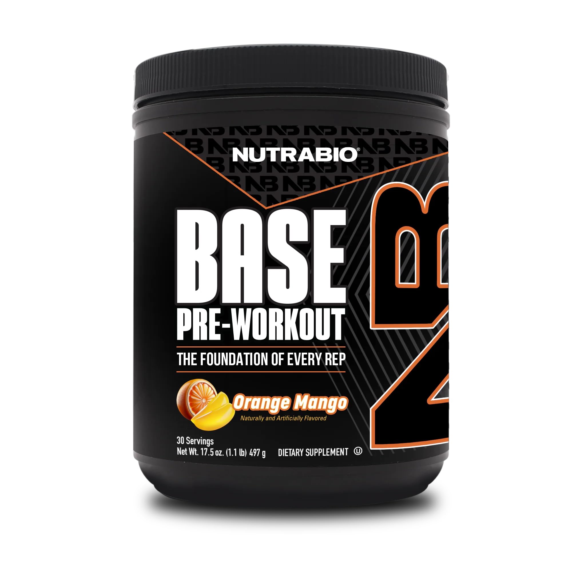 NutraBio Base Pre-Workout orange mango tub highlights sustained energy for workouts.