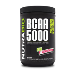 NutraBio BCAA 5000 kiwi strawberry bottle shows flavor and lean-muscle support