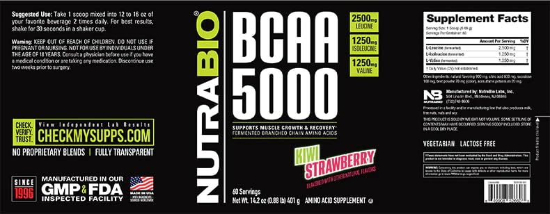 NutraBio BCAA 5000 kiwi strawberry label close-up highlighting ingredients