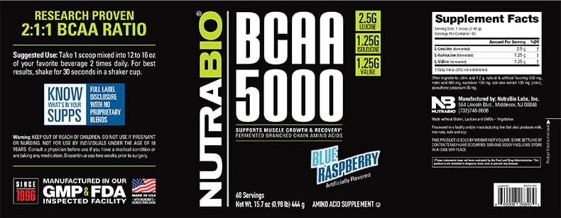 NutraBio BCAA 5000 label shows full disclosure and transparency.