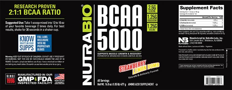 NutraBio BCAA 5000 Strawberry Lemon Bomb being poured into a glass for intra-workout use.