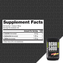 NutraBio BCAA 5000 final product shot emphasizing vegan fermentation.