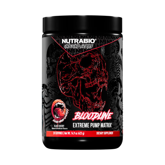 NutraBio Bloodline pump bottle pour demonstrates caffeine-free vascularity and enhanced blood flow.