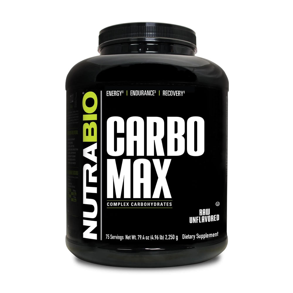 NutraBio CarboMax powder tub front showing unflavored energy support for steady fueling
