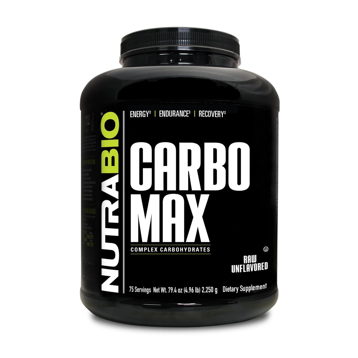 NutraBio CarboMax powder tub front showing unflavored energy support for steady fueling