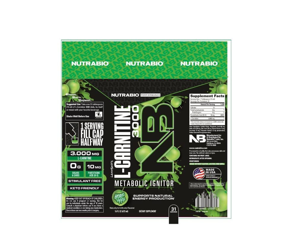 Close-up of NutraBio 3000mg L-Carnitine content on a bottle label