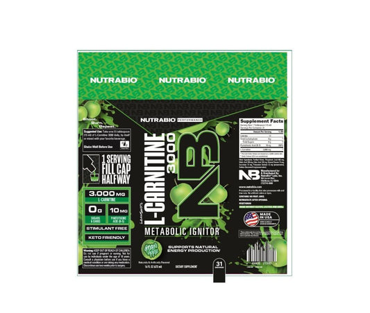 Close-up of NutraBio 3000mg L-Carnitine content on a bottle label