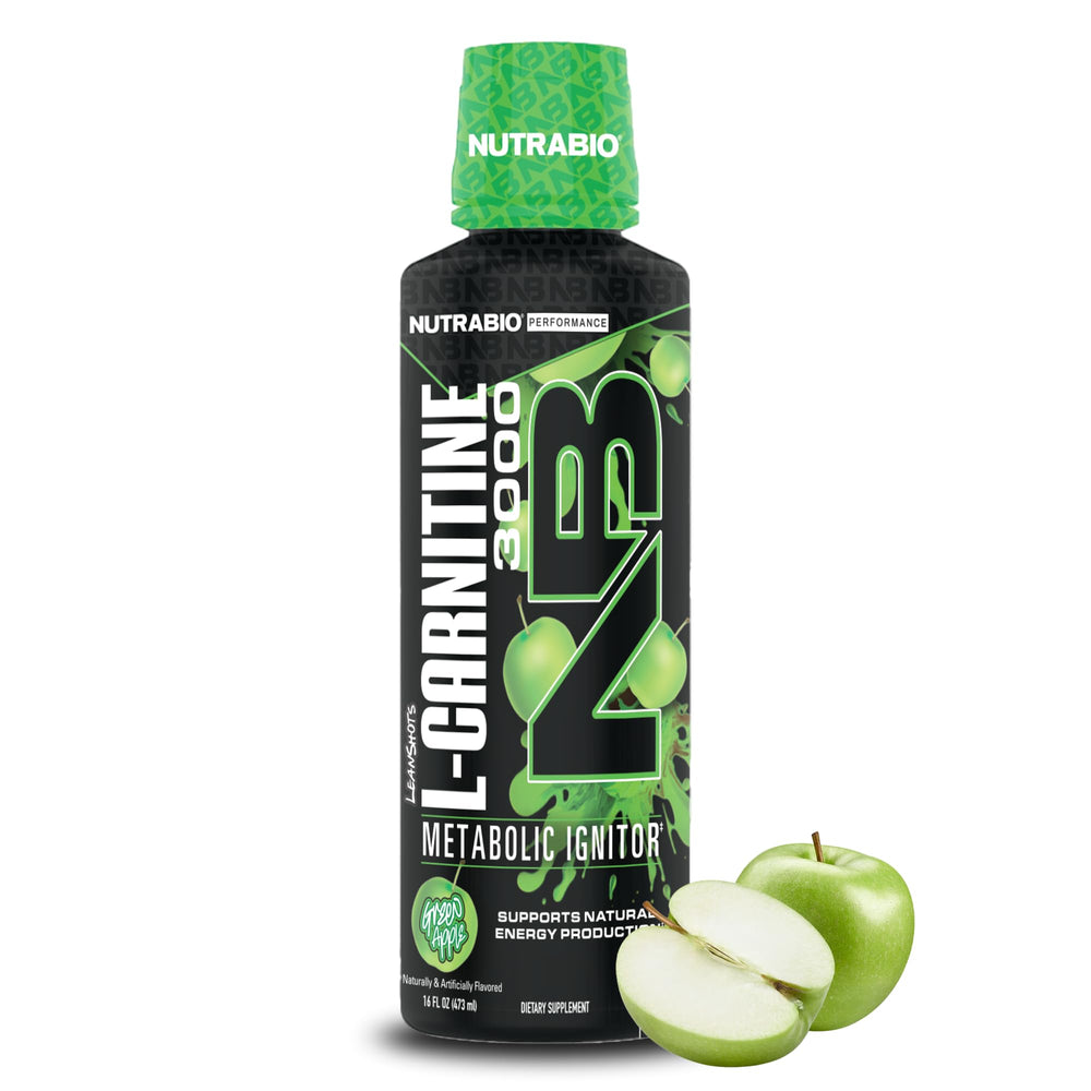 NutraBio L-Carnitine Liquid Shots Green Apple bottle for steady energy during workouts