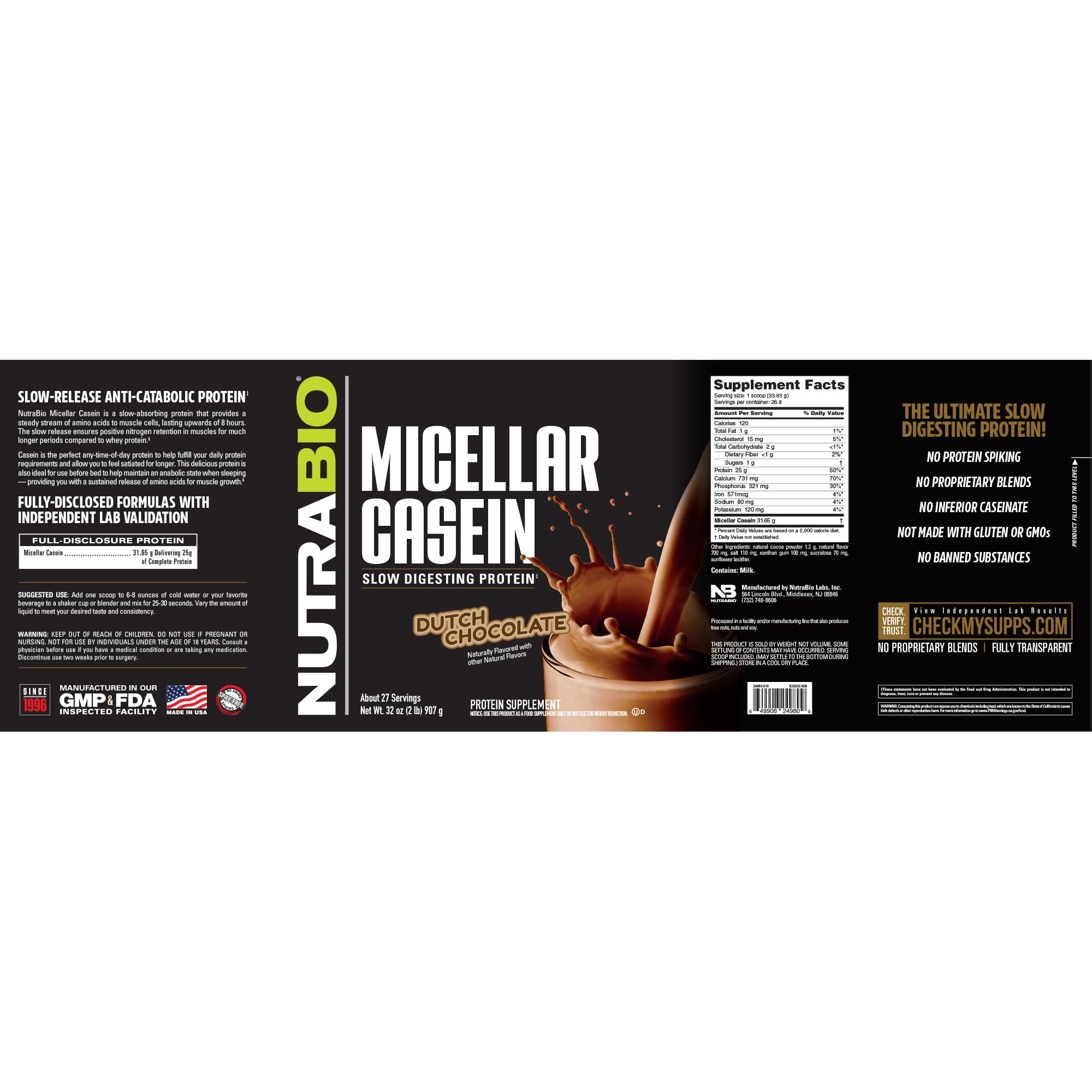 NutraBio Casein powder label highlighting gluten-free and soy-free formula.
