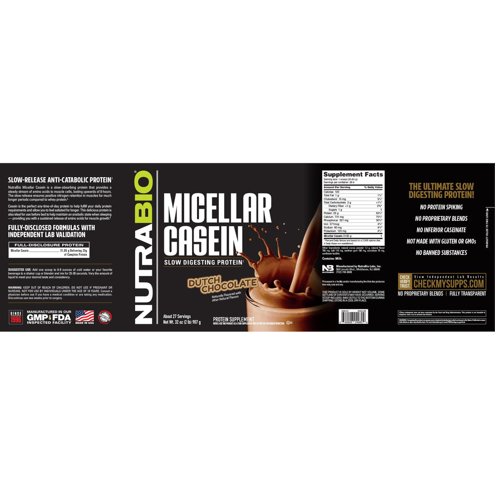 NutraBio Casein powder label highlighting gluten-free and soy-free formula.