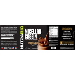 NutraBio Casein powder label highlighting gluten-free and soy-free formula.