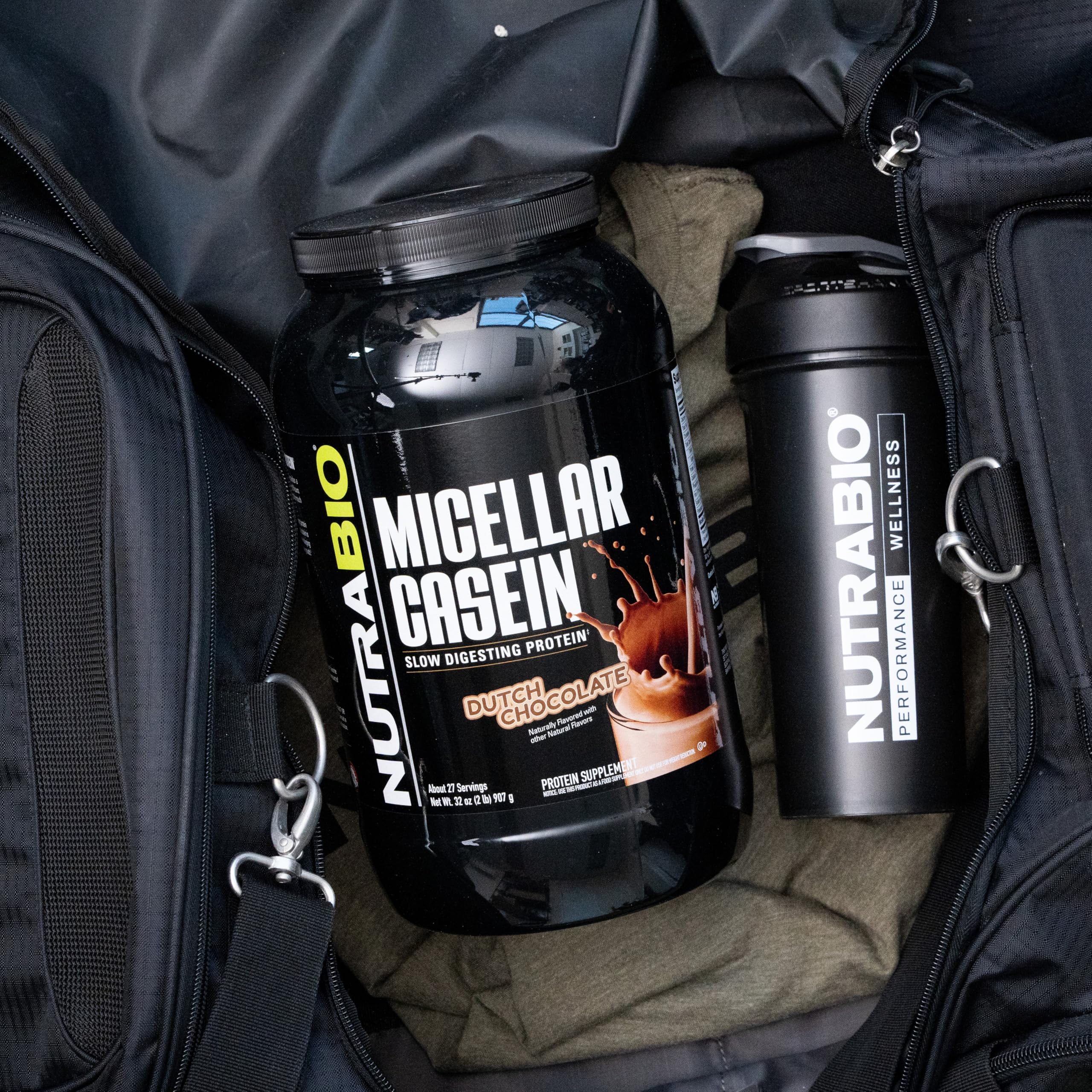 NutraBio Casein powder measuring cup showing versatile serving options.