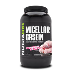 NutraBio Casein powder bottle highlighting overnight recovery potential